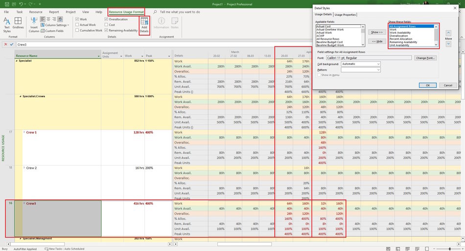 Resource assign analysis in resource usage view in MS Project Pro