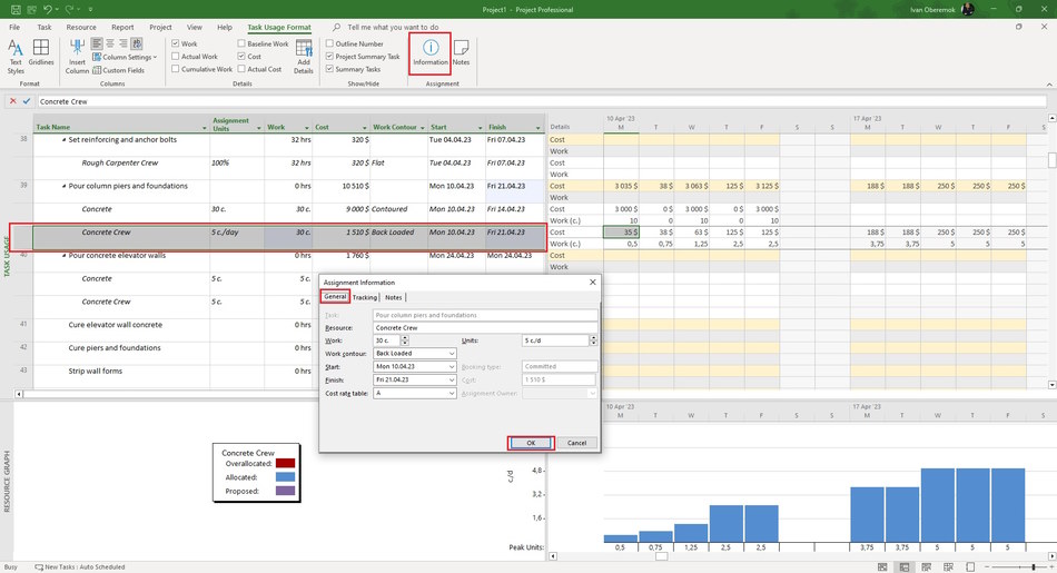 Detailed assignment of resources in the task usage in MS Project Pro