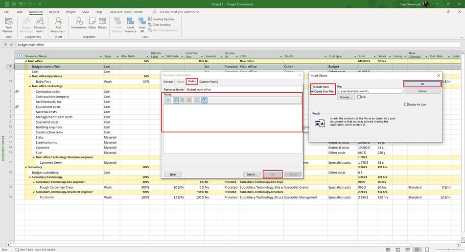 Add the budget resource note in MS Project Pro