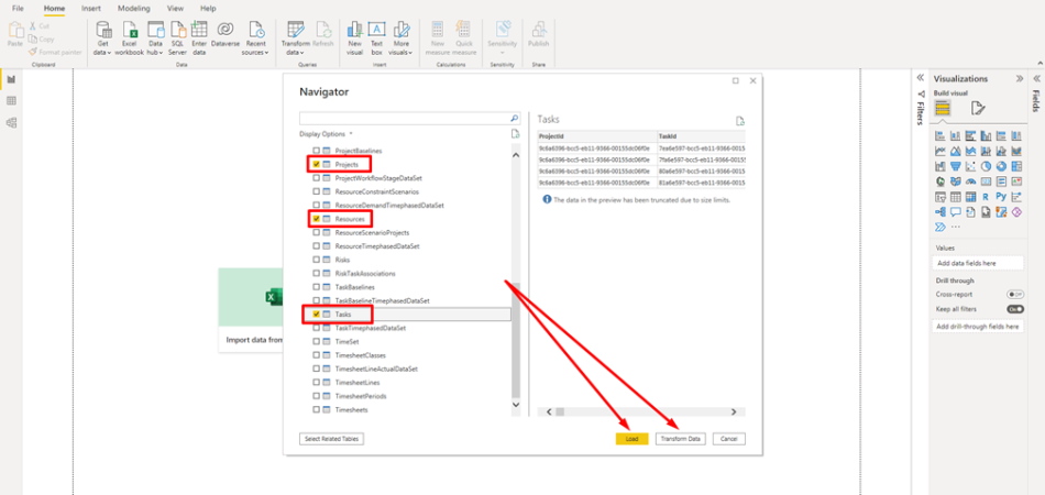 Setting up a MS Power BI connection to MS Project Server data step 2