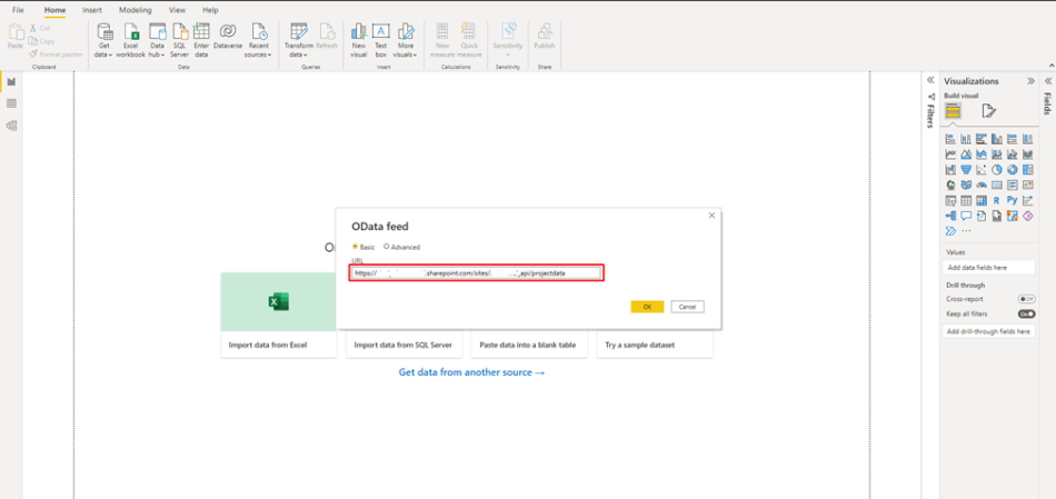 Setting up a MS Power BI connection to MS Project Server data step 1
