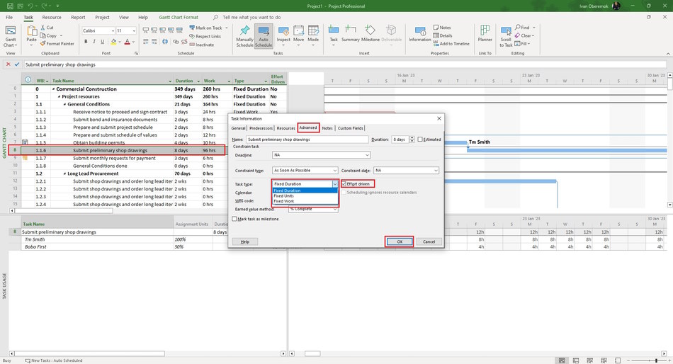 Second tool. Steps to set the task type in MS Project Pro