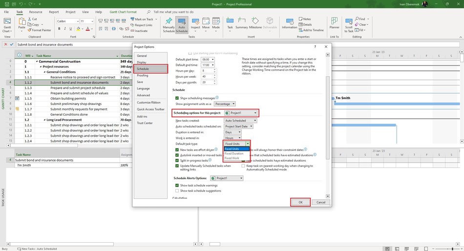 Setting the default task type in MS Project Pro