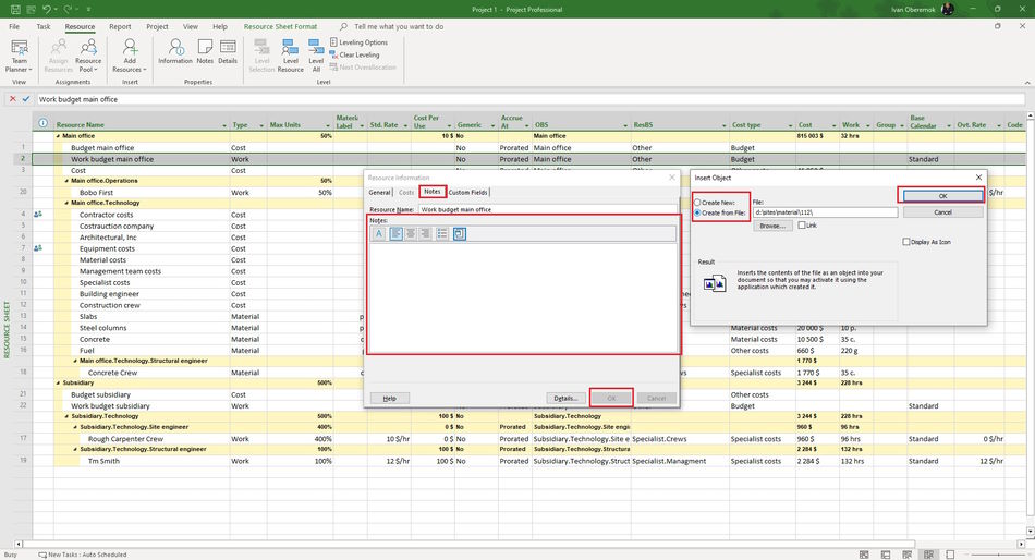 Add the budget resource note in MS Project Pro