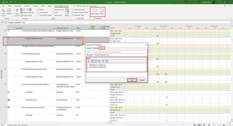 Steps to enter issues in assign note in MS Project Pro