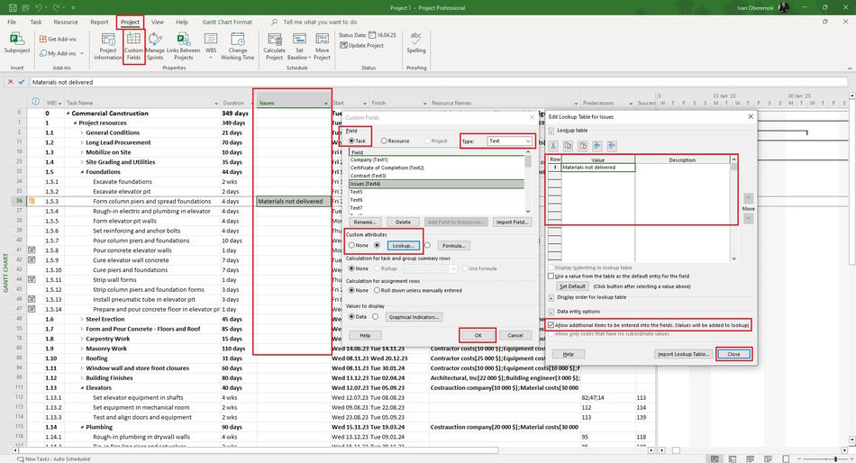 Fixing project issues in the custom column in MS Project Pro