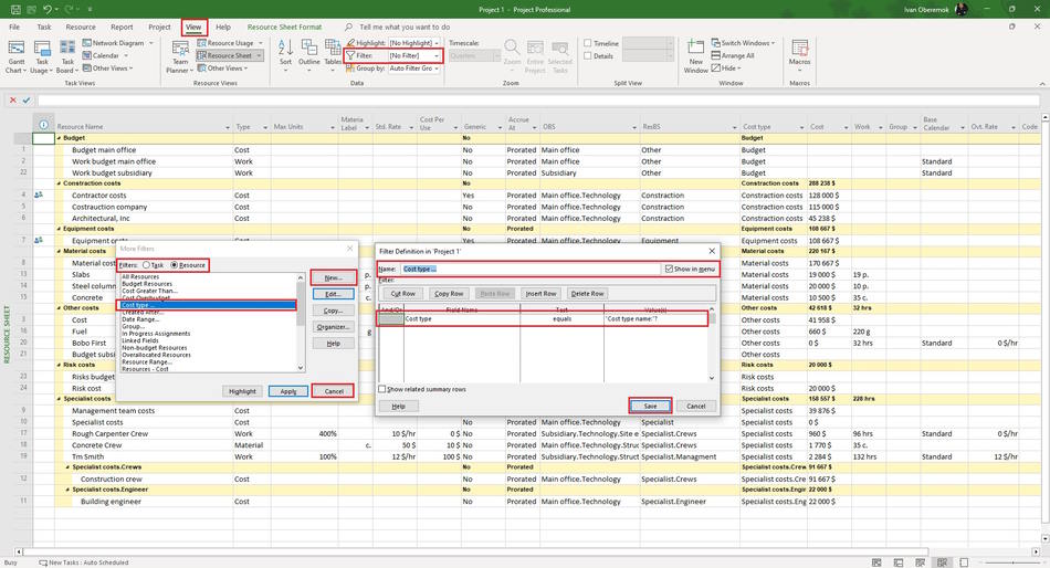 Steps the create the "Cost type ..." filter in MS Project Pro