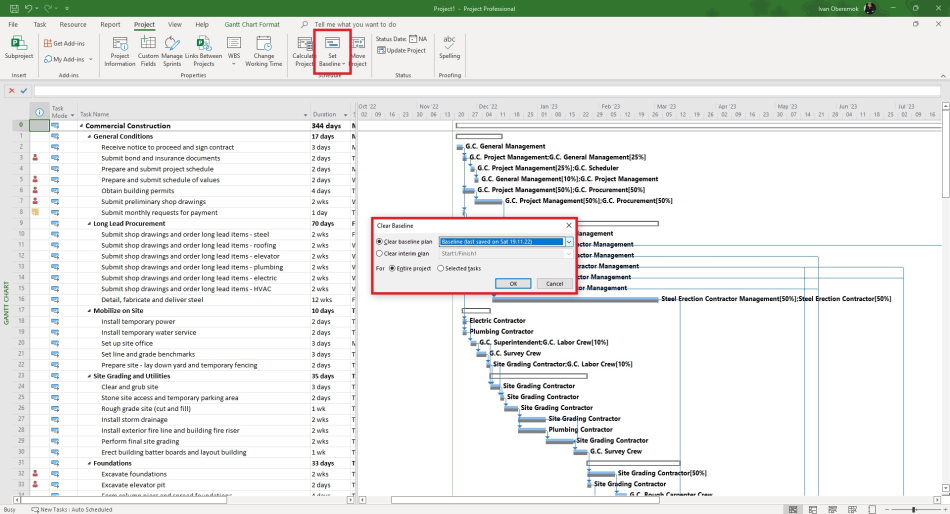 Delete project baseline in MS Project Pro