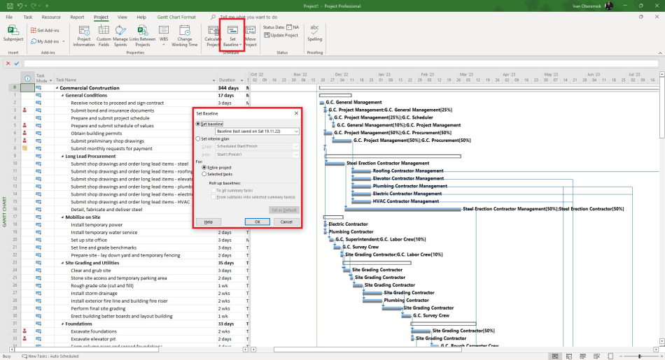 Set project baseline in MS Project Pro