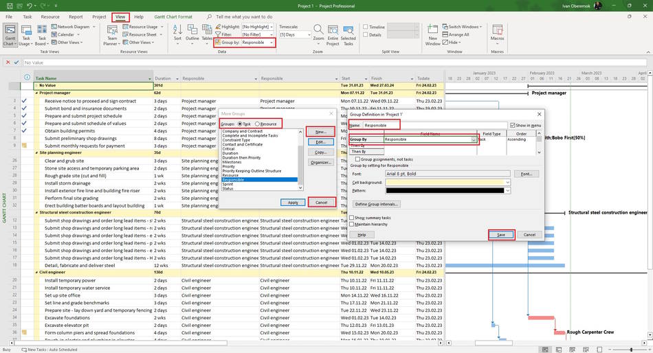 Adding grouping by responsible in MS Project Pro