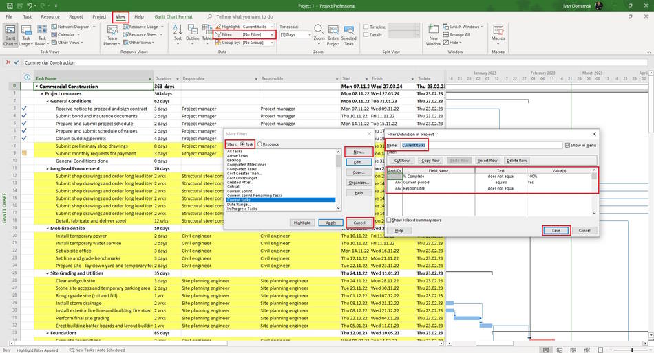 Adding a filter to highlight tasks with assigned responsible in MS Project Pro