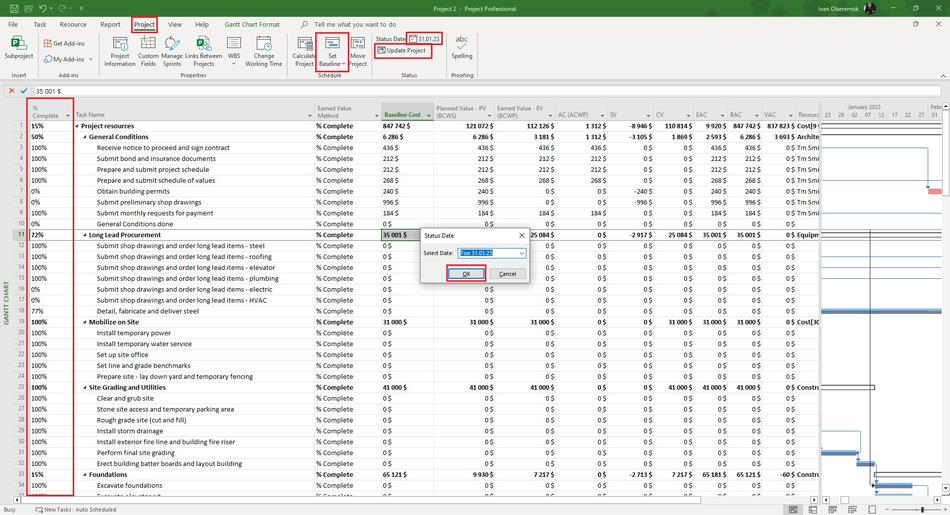 Setting earned value method in MS Project Pro