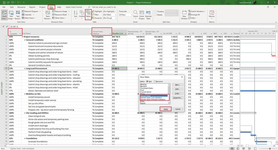 Using the earned value method in MS Project Pro