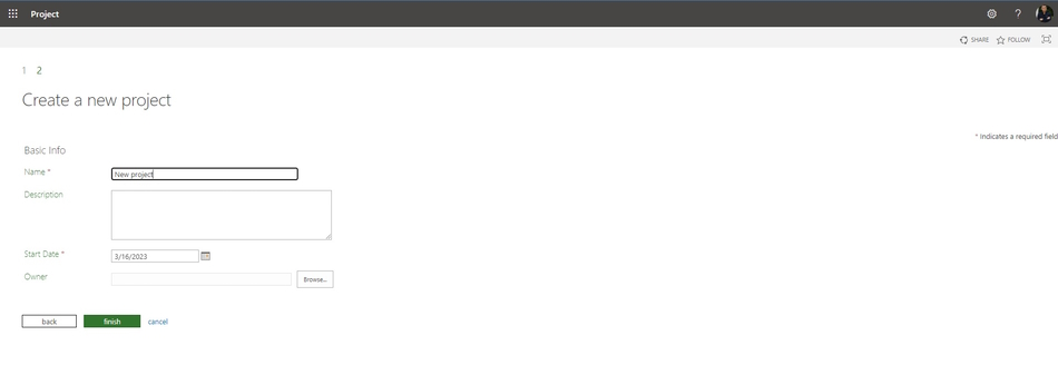 Describing when creating an enterprise project in MS Project Server