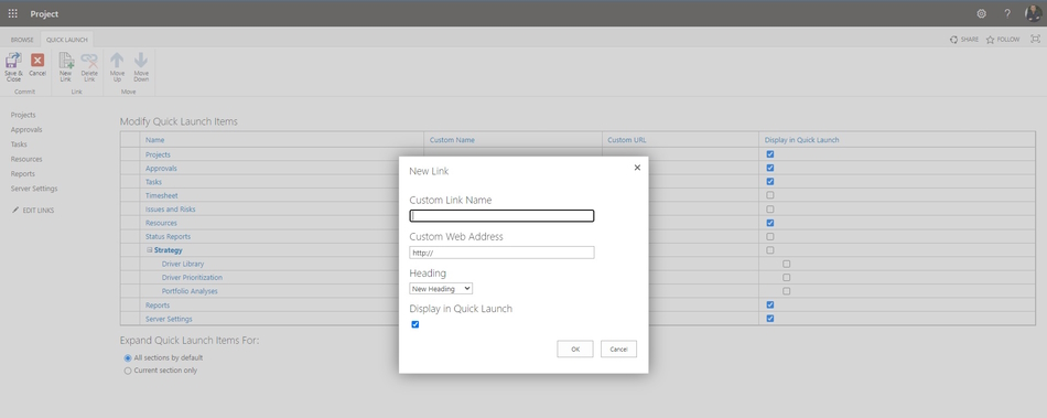 Adding a link in the left menu in MS Project Server