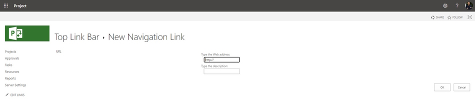Adding PWA site link in the top menu in MS Project Server