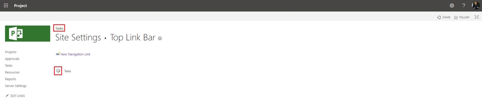 Editing PWA site link in the top menu in MS Project Server