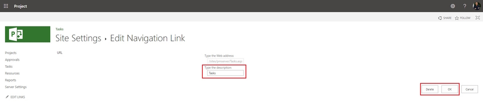 Deleting PWA site link in the top menu in MS Project Server