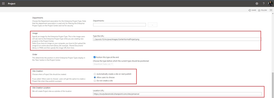 Setting the creating project site in MS Project Server