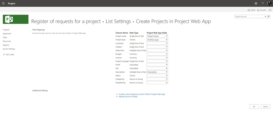 Creating links in the register of project requests in MS Project Server