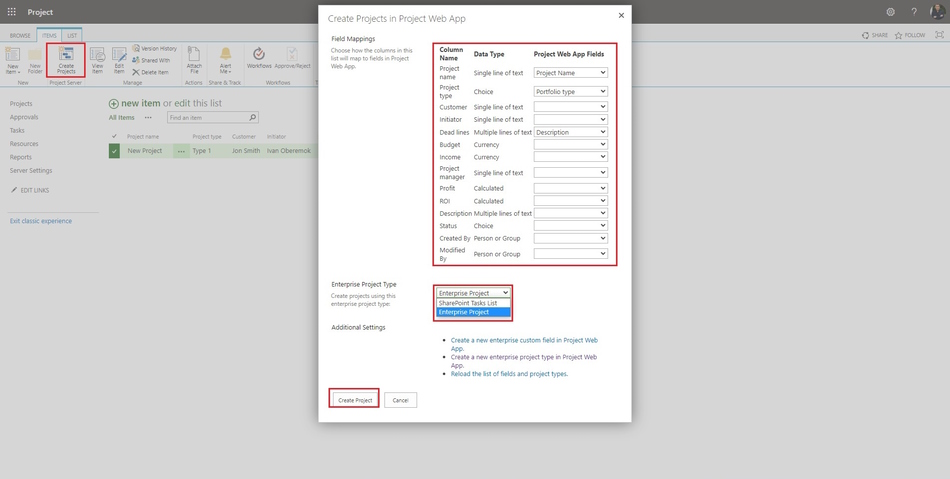 Creating a project from a register of project requests in MS Project Server