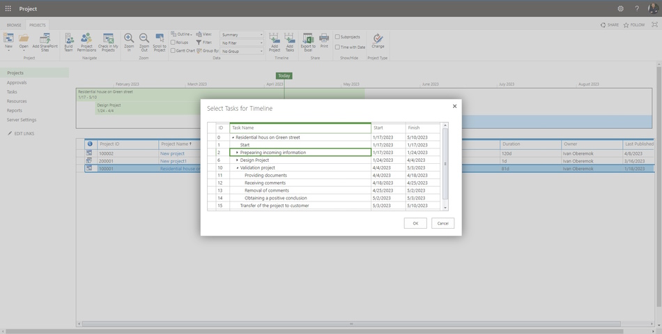 Adding tasks to a portfolio timeline in MS Project Server