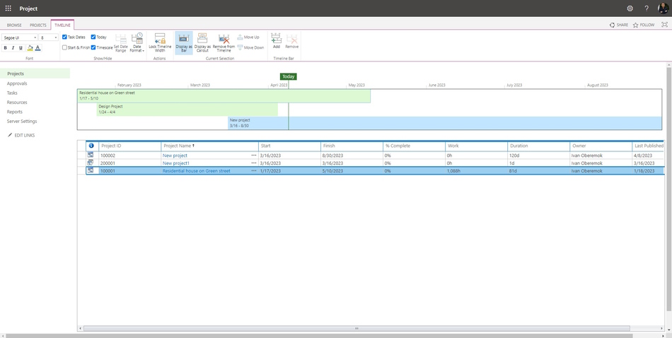 Setting a portfolio timeline in MS Project Server