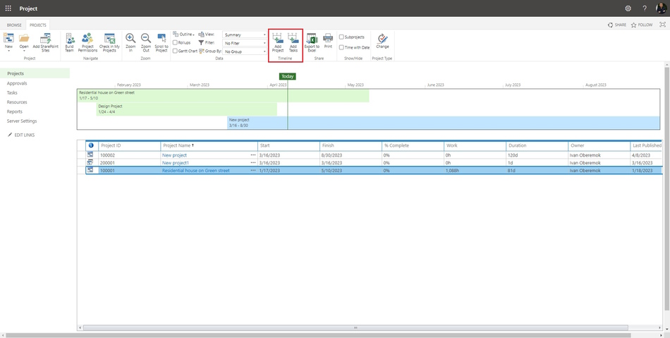 Adding project to a portfolio timeline in MS Project Server