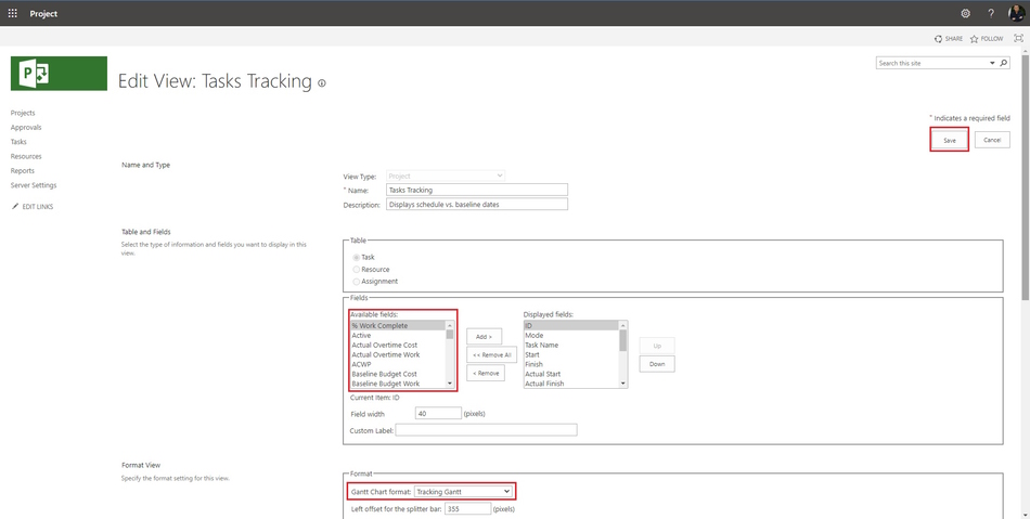 Setting tasks tracking in MS Project Server
