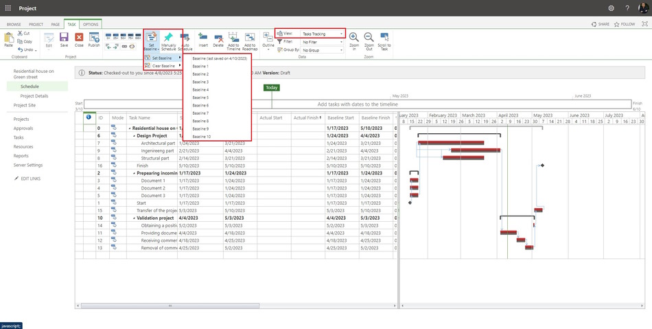 Saving project baseline in MS Project Server