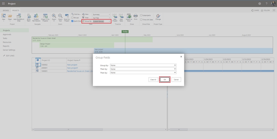 Steps to use a group in a view in MS Project Server