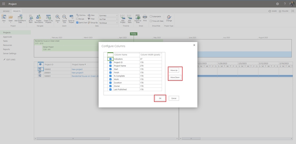 Steps to set the list of view columns in MS Project Server