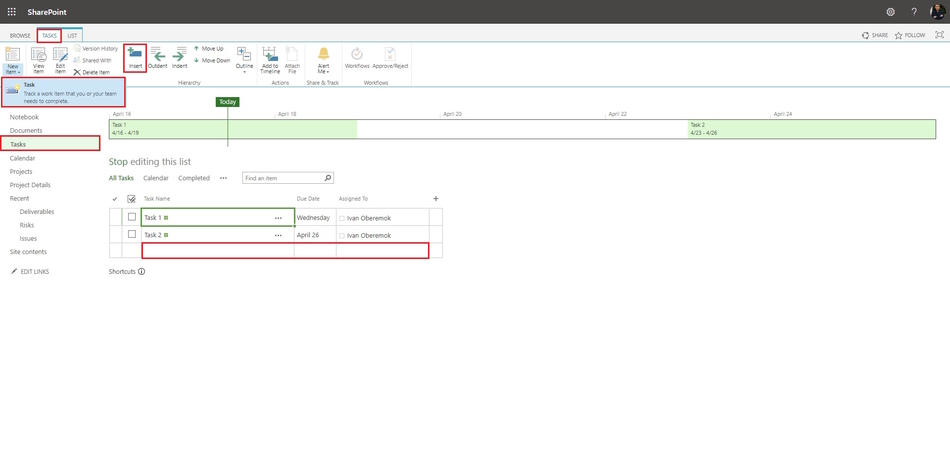 Steps to add new tasks to the plan in MS SharePoint