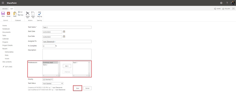 Setting links between tasks in MS SharePoint