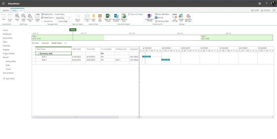 Setting links between project tasks in MS SharePoint