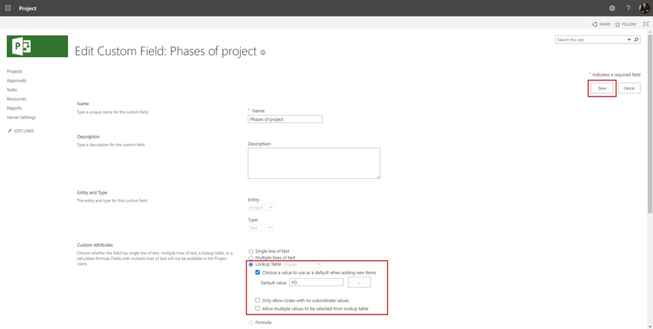 Steps to create a enterprise custom field with a lookup table in MS Project Server