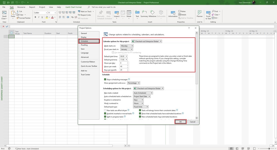 Setting the enterprise calendars in MS Project Server