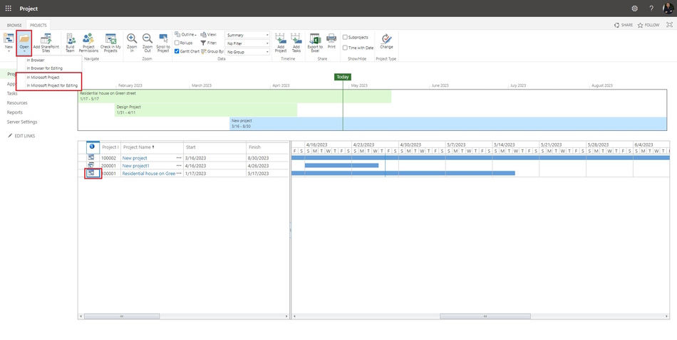 Opening the project plan from MS Project Server