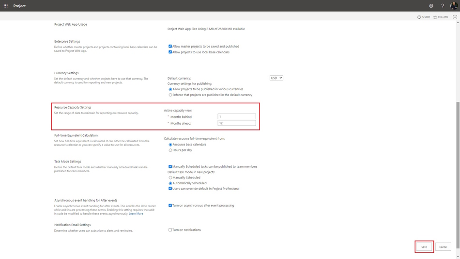 Setting up a reporting period in MS Project Server