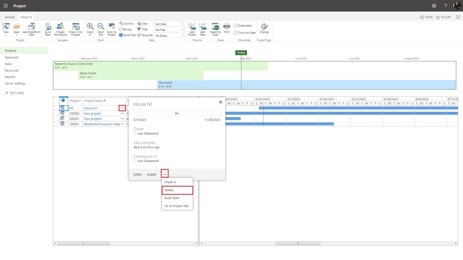Delete a project in MS Project Server