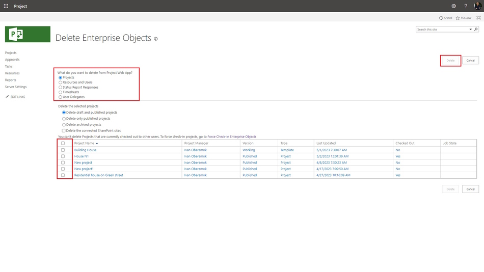 Delete enterprise objects in MS Project Server