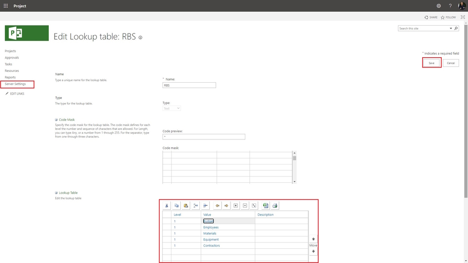 Creating a resource breakdown structure (RBS) column in MS Project Pro Server