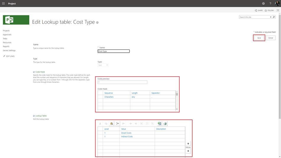 Adding the lookup table of the cost type field in MS Project Server