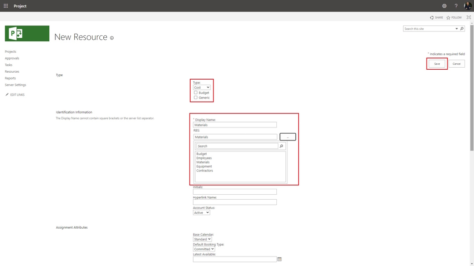 Creating enterprise cost resources in MS Project Pro page 1