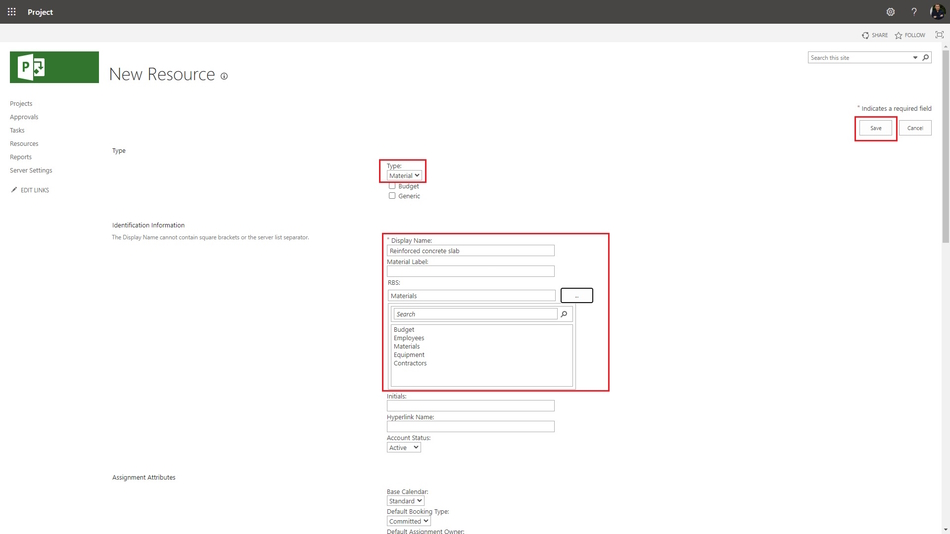 Creating enterprise material resources in MS Project Server page 1