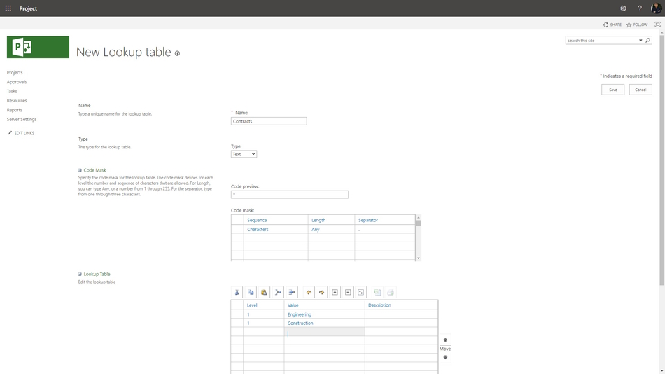 Adding the lookup table of the cost type field in MS Project Server