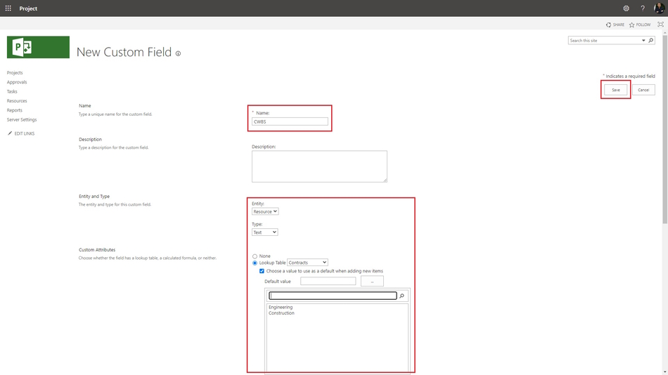 Creating the products breakdown structure (PBS) field in MS Project Server
