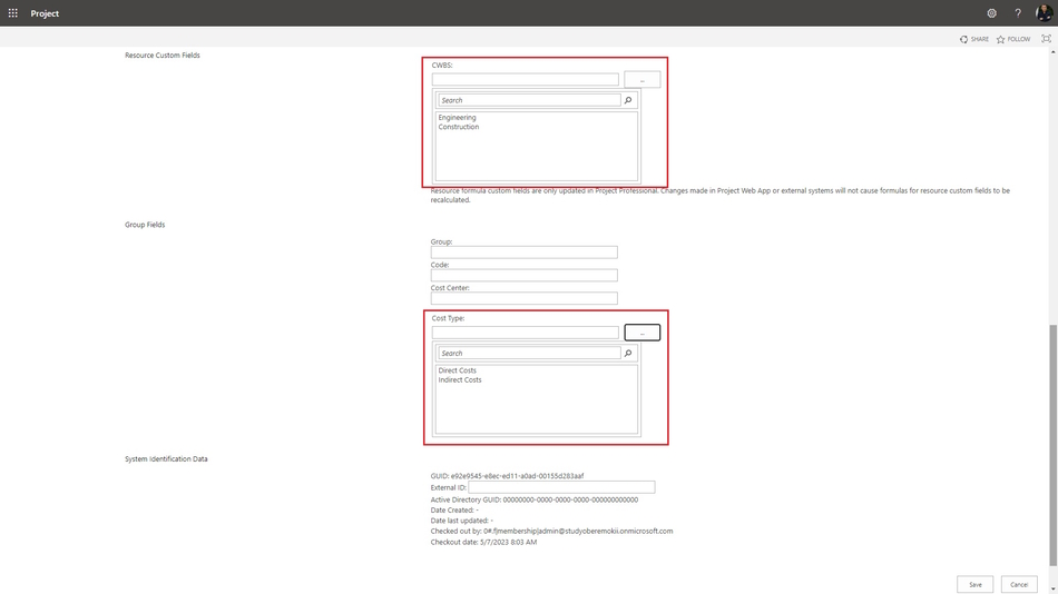 Creating enterprise cost resources in MS Project Pro page 2