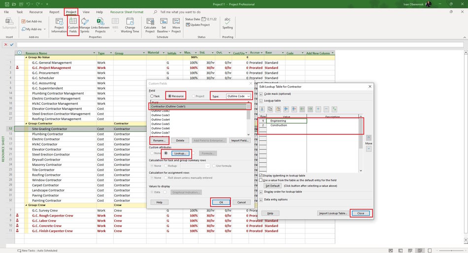 Сreating a custom field to describe the cost type in MS Project Pro