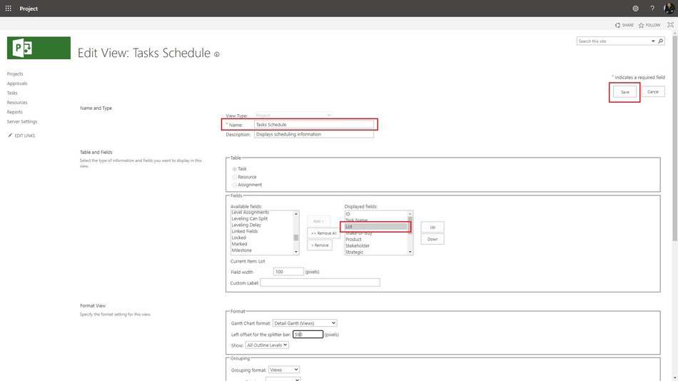 Adding the enterprise lots custom field in MS Project Server